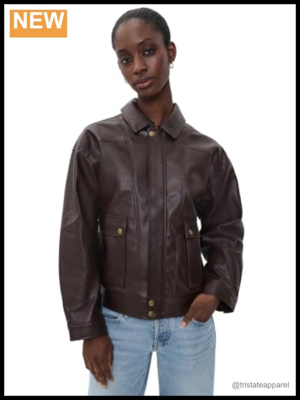 Faux Leather Boyfriend Bomber Jacket Long Sleeve Zip Up